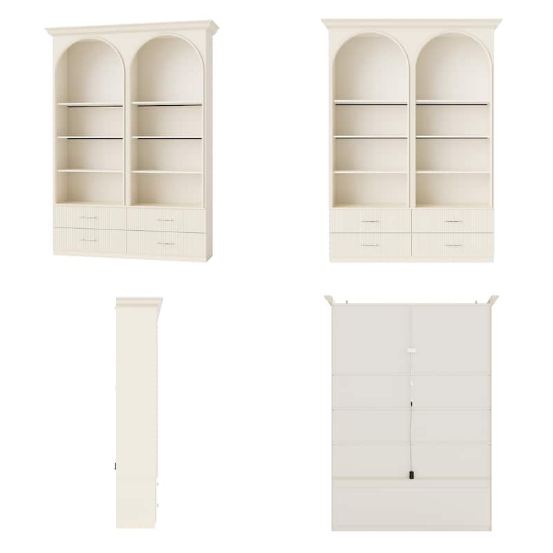 Modular Bookcase with LED Lights, Glass Door Storage Cabinet with Drawers, Large Display Shelving Unit Sideboard