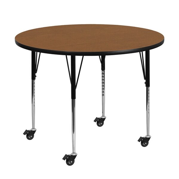 Offex 42" Mobile Round Activity Table with Oak Thermal Fused Laminate Top and Height Adjustable Pre-School Legs - N/A