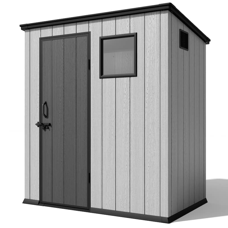 All-Weather Outdoor Storage Shed Waterproof Resin Garden Shed with Floor, Lockable Doors, Skylight for Lawn Tools & Bikes - 6' x 4' - Light Grey