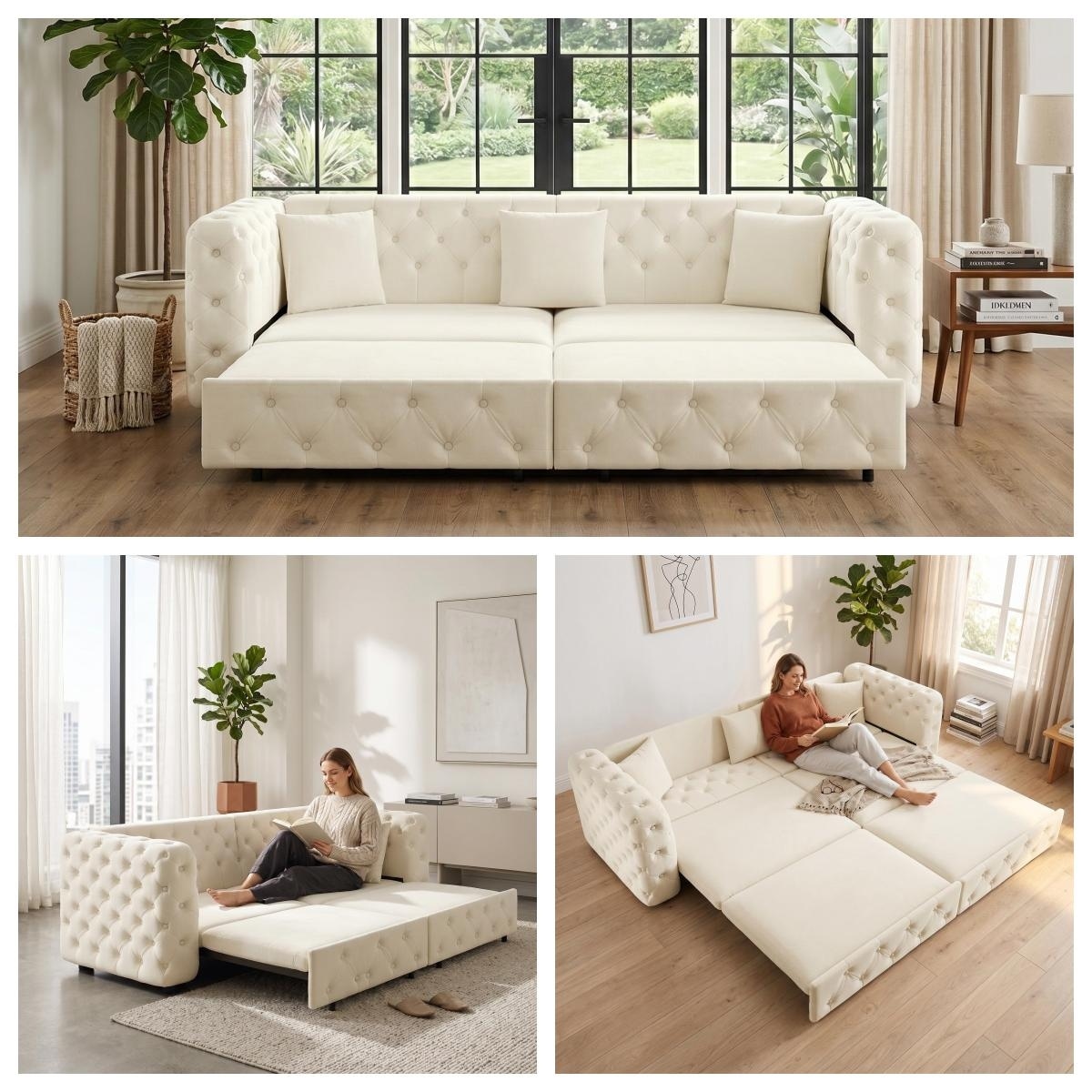 Homy Casa 89" Velvet Pull Out Sofa Bed, 3-in-1 Tufted Sleeper Couch with 3 Pillows for Living Room
