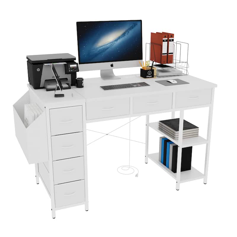Computer Desk with 7 Drawers & Side Pocket, Home Office Desk with Power Outlets & USB Ports, Small Writing Study Table