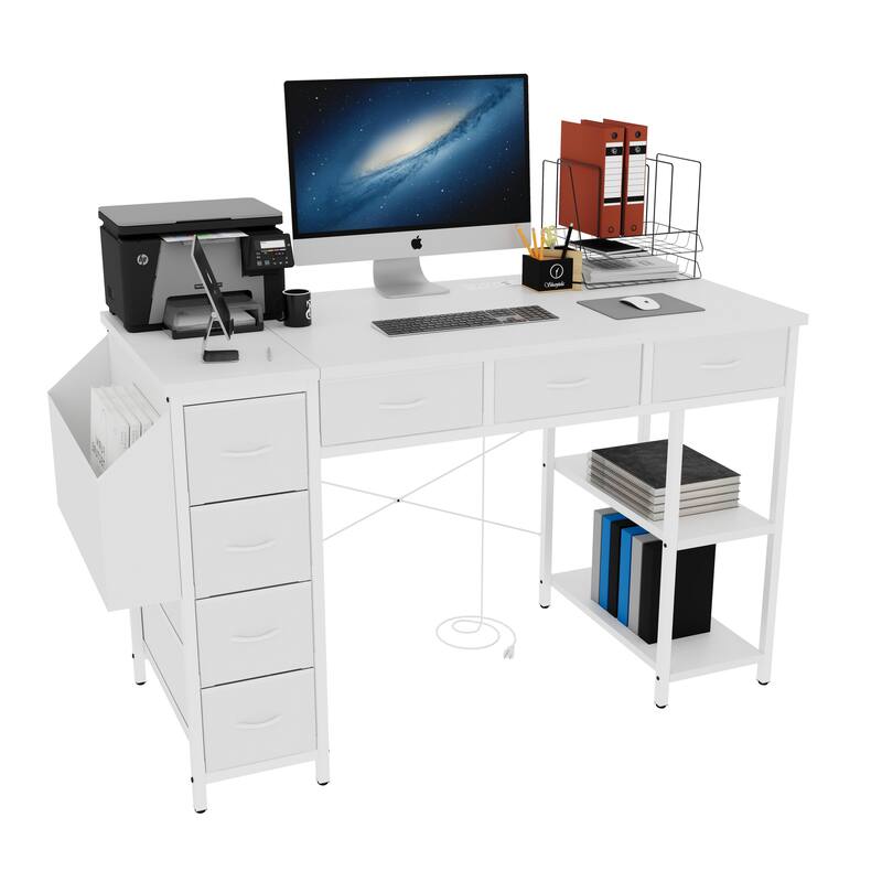 Versatile Computer Desk Vanity Table Writing Desk Rectangular Writing Desk with Power Outlet, 7 Drawers and Large Side Pocket