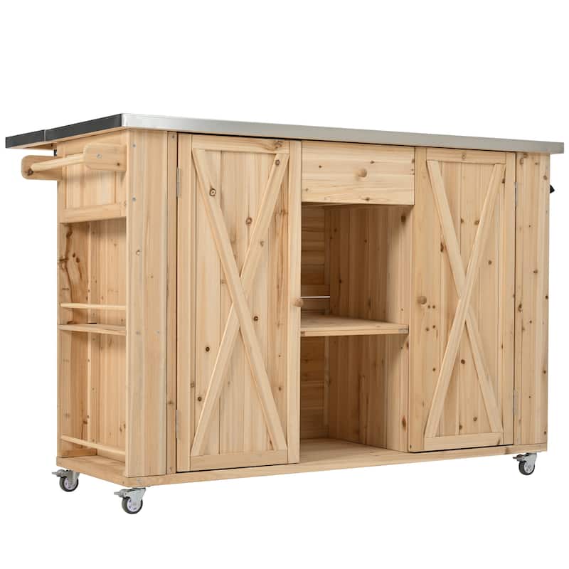 Outdoor Kitchen Island with Foldable Stainless Steel Top & Bottle Opener, Fir Wood Kitchen Island with Shelves and Towel Racks