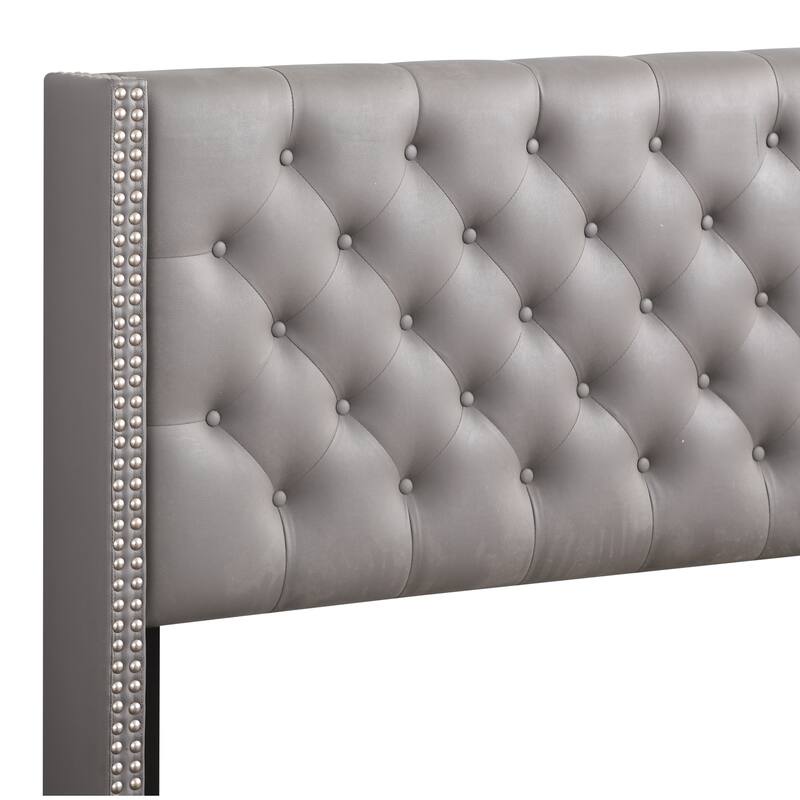 Upholstered Bed Frame 66x86 Inch - Grey Tufted Headboard Bed with Soft Fabric - Modern Bedroom Bed