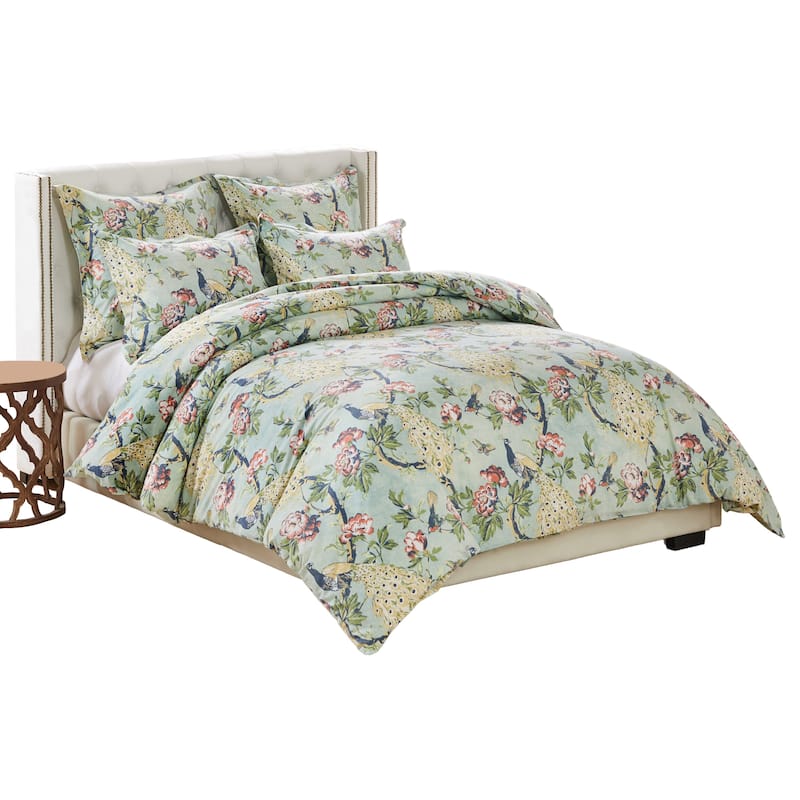 Sia 3pc Full Queen Duvet and Pillow Sham Set, Floral Jade Print Cotton