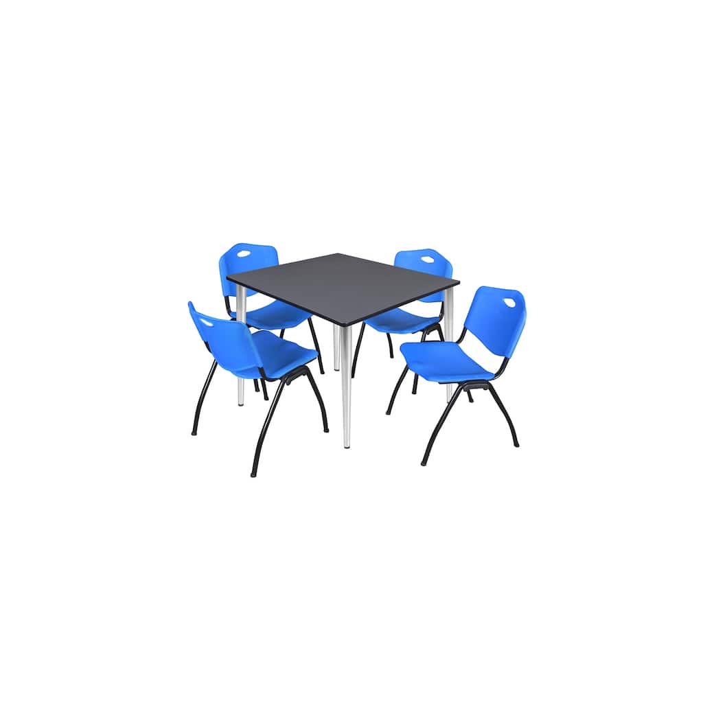 48 in. Square Breakroom Table- Grey Top, Chrome Base & 4 M Stack Chairs- Blue