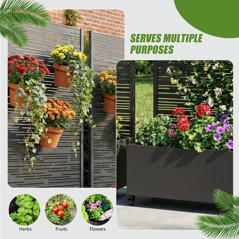 Metal Galvanized Planter Box with Trellis Privacy Screen Lockable Wheels Set of 2