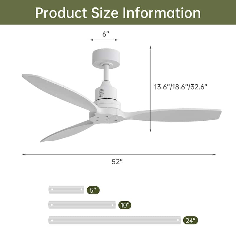 Sofucor 52-inch Solid Wood Ceiling Fan with LED Light,Remote Control Included,Reversible,Quiet and Powerful - Without Light - White with White Solid Wood Blades
