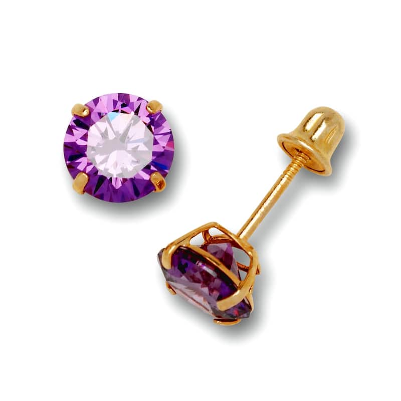 14K Yellow Gold 6mm Round Cubic Zircornia Birthstone Basket-Set Solitaire Screw-back Stud Earrings (12 colors) - Amethyst