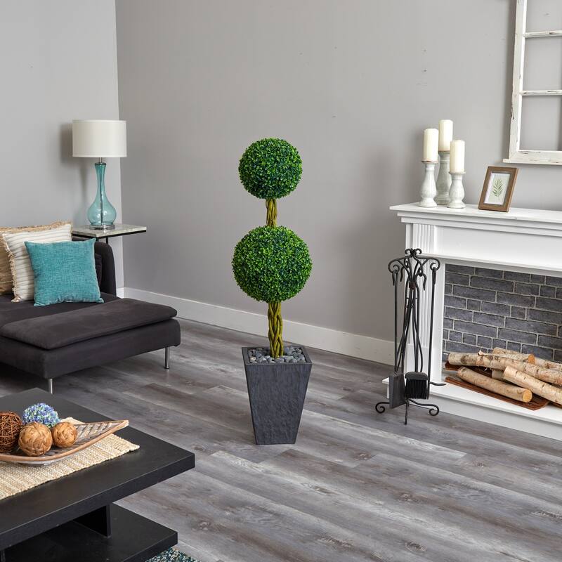 5ft Double Ball Boxwood Topiary Artificial Tree in Slate Planter with UV Resistant Greenery for Indoor or Outdoor Use