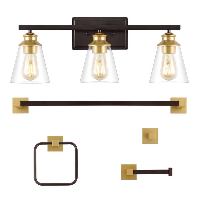 Caia 22.88" 3-Light Vintage Classic Vanity Light with Bathroom Hardware Accessory Set, (5-Piece) by JONATHAN Y - Oil Rubbed Bronze/Gold Painting