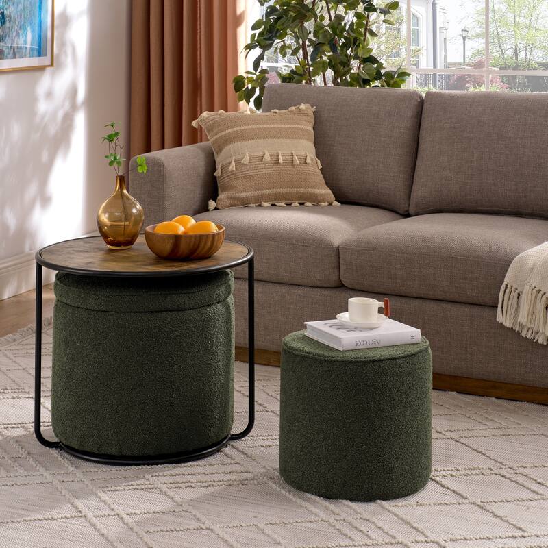 Ottoman, multifunctional combination set table Ottoman, combination of Ottoman and table, with drum stool, with storage space - Dark Green