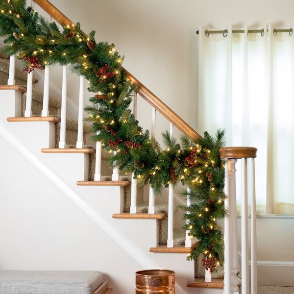 slide 2 of 7, 9' Traditional Woodland Berry Garland w/Incandescent Clear Light Plug