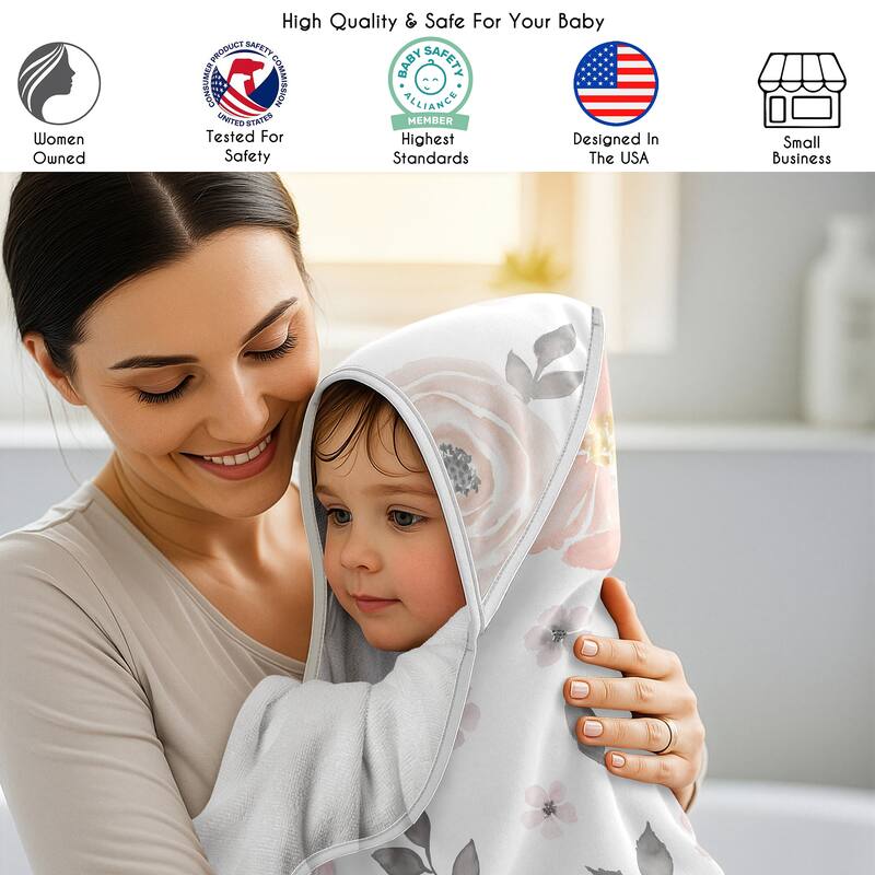 Sweet Jojo Designs Pink Boho Floral Girl Hooded Baby Towels - Toddler Bath Towel -Bohemian Shabby Chic Watercolor Rose Farmhouse