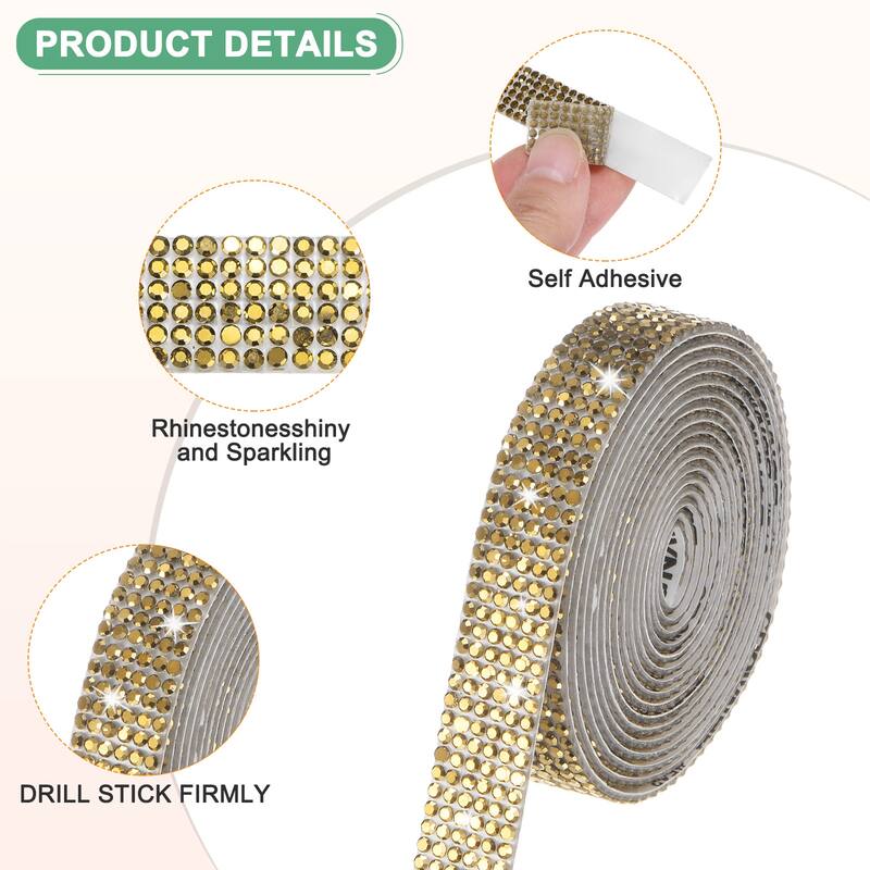 2-Roll Crystal Rhinestone Ribbon,0.5/1.1 Inch x 2 Yards for DIY - Gold