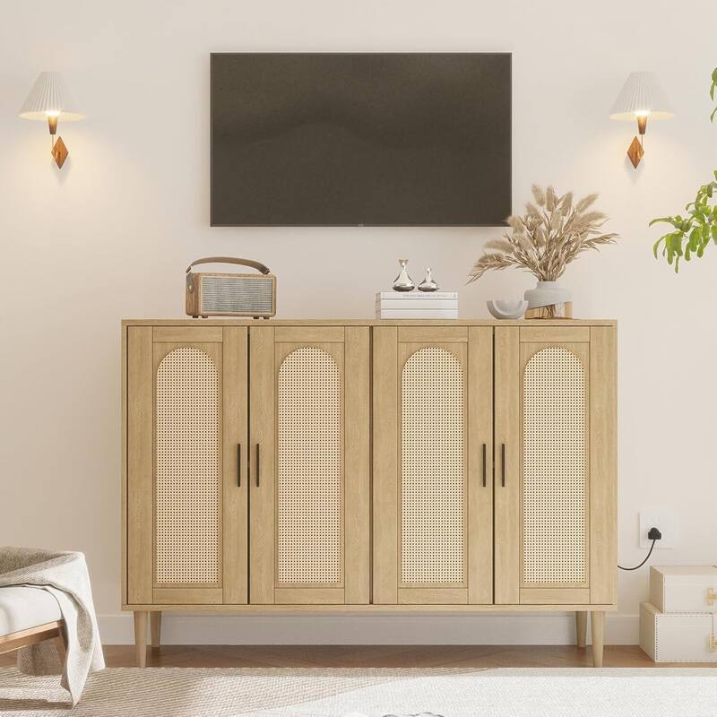 Rattan Sideboard Buffet Cabinet With Power Outlet, BOHO Wooden Side board With 4 Doors