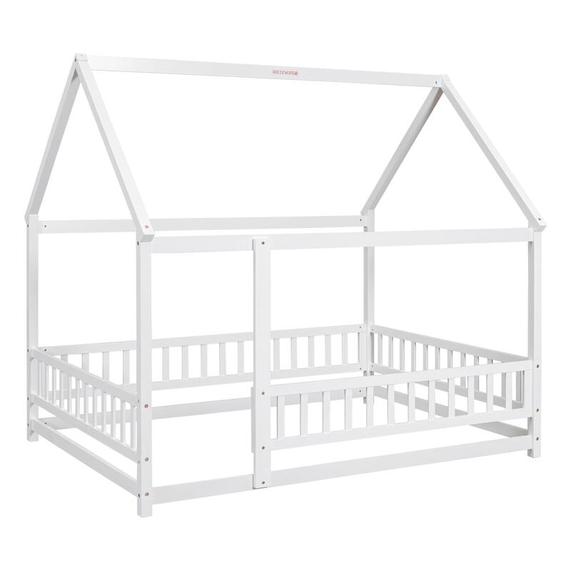 Full Size Wooden Floor Bed with House Roof Frame, Fence Guardrails for Kids, Bedroom