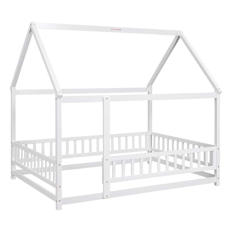 White Full Size Wooden Floor Bed with House Roof Frame and Guardrails