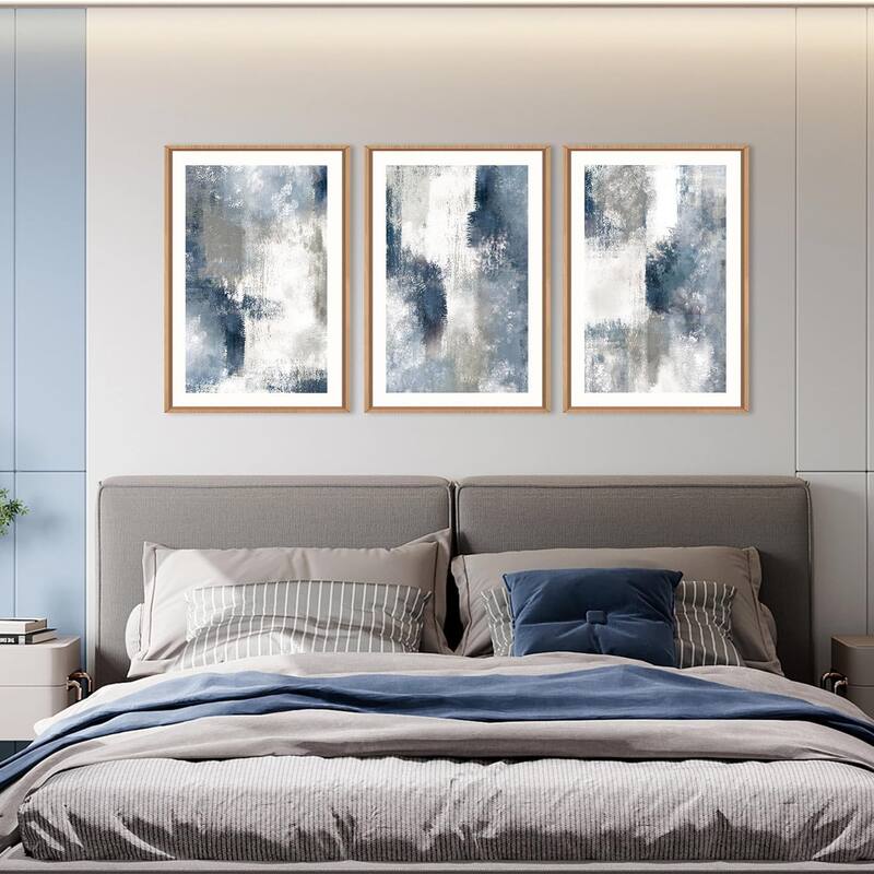 Abstract Navy Blue Gray Framed Canvas Wall Art Set
