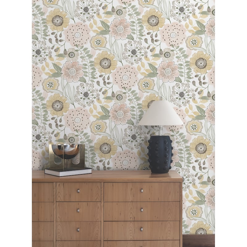 York Wallcoverings Artistic Bouquet Coral and Lemon Wallpaper