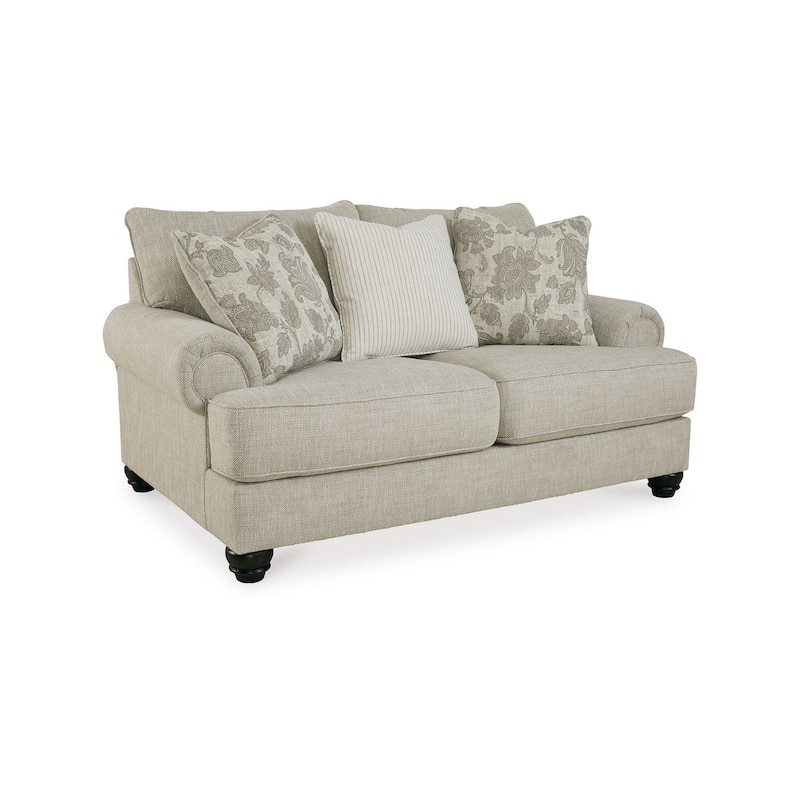 Asen 71 Inch Loveseat with 3 Accent Pillows, Roll Arms, Polyester, Beige