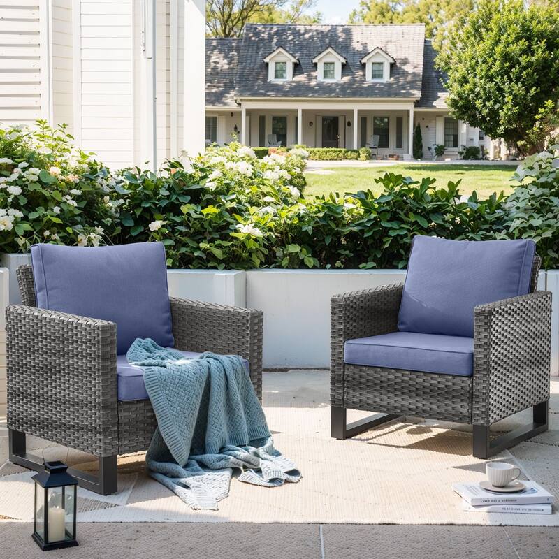 Patio PE Wicker Chair with Cushion Set of 2 - Grey - Blue