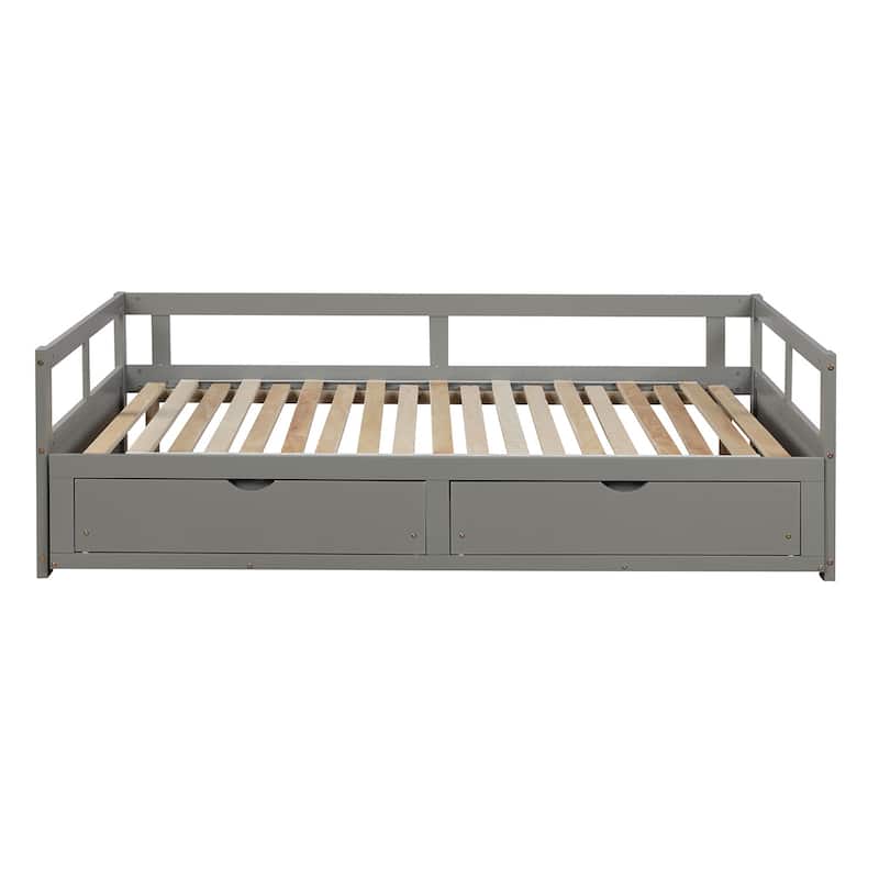 Extendable Daybed with Trundle & 2 Drawers, Twin to King Daybed w/Solid Wood Roll Out Bed Frame
