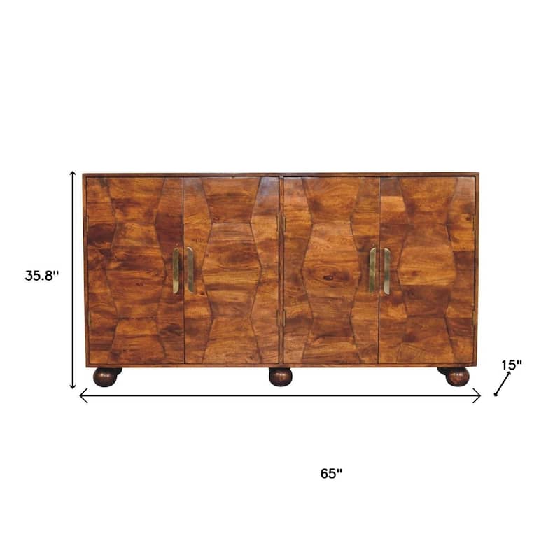 HomeRoots 36" Chestnut Solid Wood Carved Geometric Accent Cabinet With Four Doors