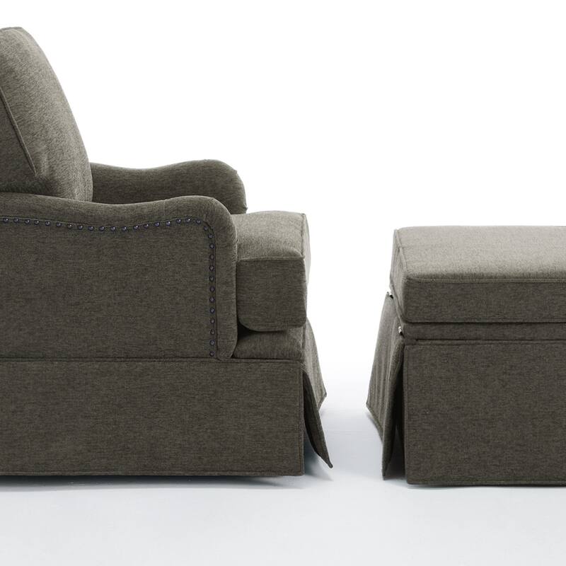 Skirted Swivel Accent Nailhead Barrel Chair With Storage Ottoman Set