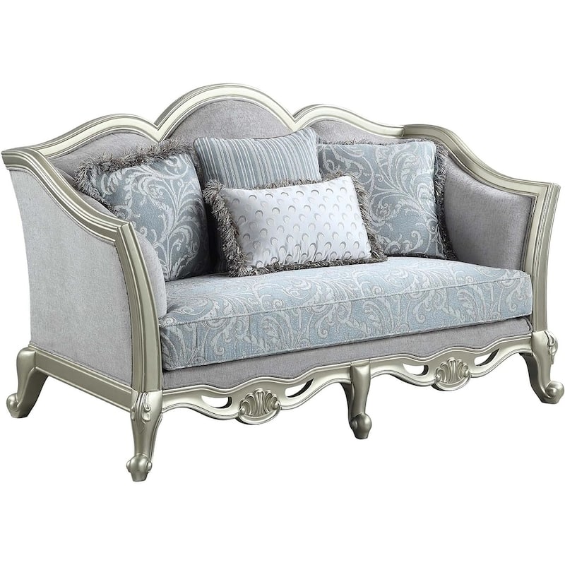 HomeRoots 66" Light Gray And Champagne Linen Damask Loveseat and Toss Pillows - 66.00 in. x 42.00 in. x 36.00 in.