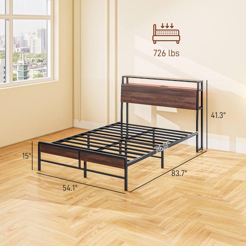Full Size LED Bed Frame with Charging Station, Storage Shelf, and Noise-Free Steel Slats, Easy Assembly, No Box Spring Needed