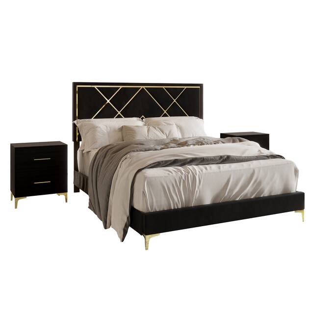 CraftPorch 3 Piece Bedroom Nightstands Set Velvet Upholstered Bed