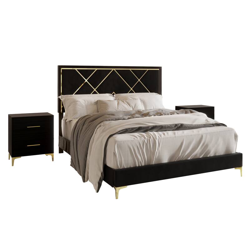 CraftPorch 3 Piece Bedroom Nightstands Set Velvet Upholstered Bed