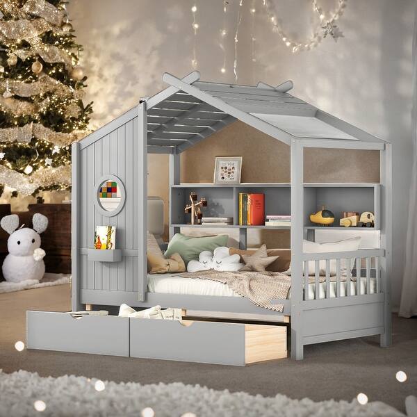 slide 2 of 26, Twin Size Wooden House Bed Kids Bed with 2 Drawers and Storage Shelf Grey