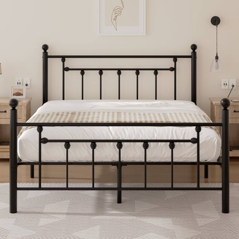 VECELO Metal Platform Bed Frame with Headboard and Footboard, Heavy Duty Slat Support/Underbed Storage Space, Victorian Style