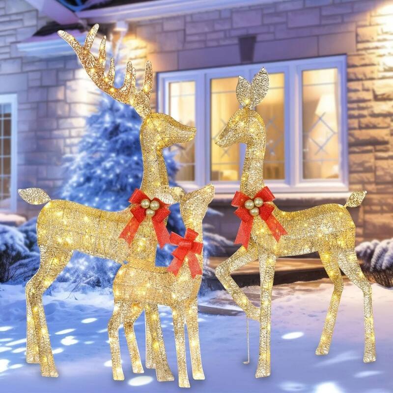 5ft Lighted Christmas Deer Set, 3-Piece Reindeer Holiday Decor - Golden - Reindeer
