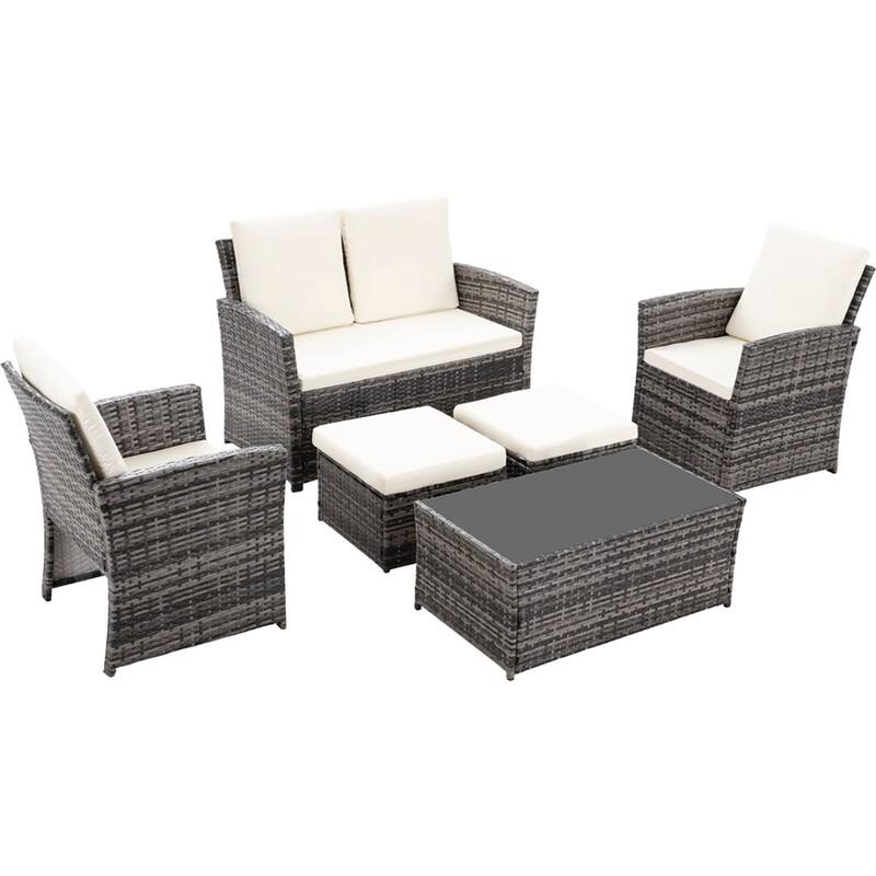 6pcs Wicker Patio Conversation Set Seating Loveseat Sofa with Ottomans
