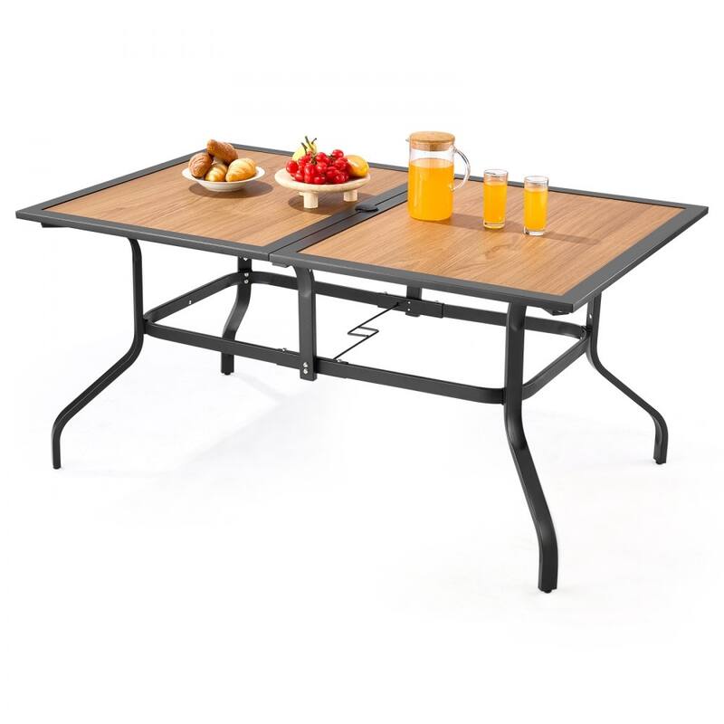 Outdoor Patio Dining Table Brown Wood Grain Carbon Steel Weather Resistant Table with Umbrella Hole - 59x38x29 in