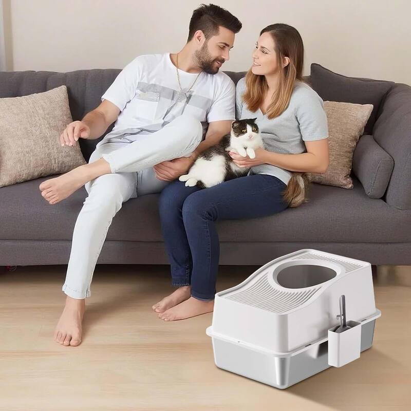 Stainless Steel High Sided Cat Litter Box, Enclosed Removable Covered