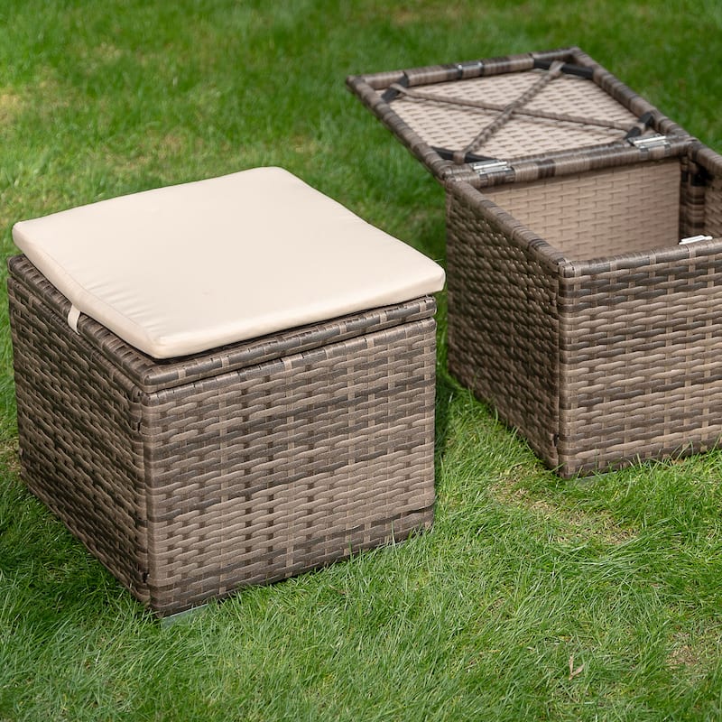 Nuu Garden Outdoor 2-Piece Wicker Ottoman with Storage and Cushion