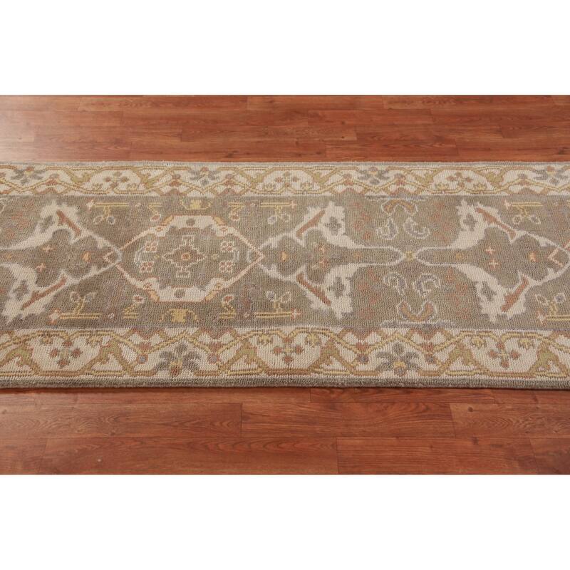 Light Brown Oushak Oriental Runner Rug Handmade Floral Wool Carpet - 2'8" x 10'0"
