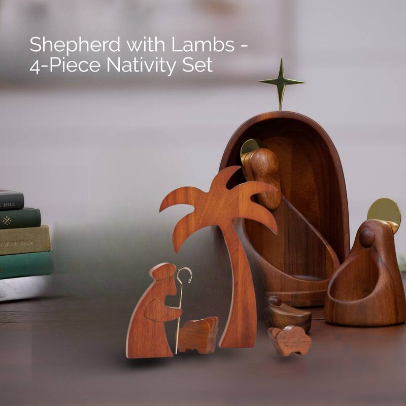 Nambe 4 Piece Wood Shepherd with Lambs Nativity Set - 5.25" W x 8" H