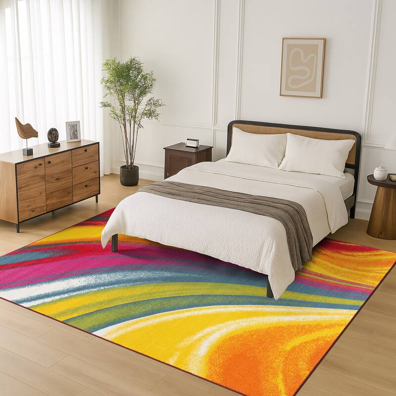 World Rug Gallery Modern Contemporary Waves Multicolored Non-slip Non-skid Area Rug