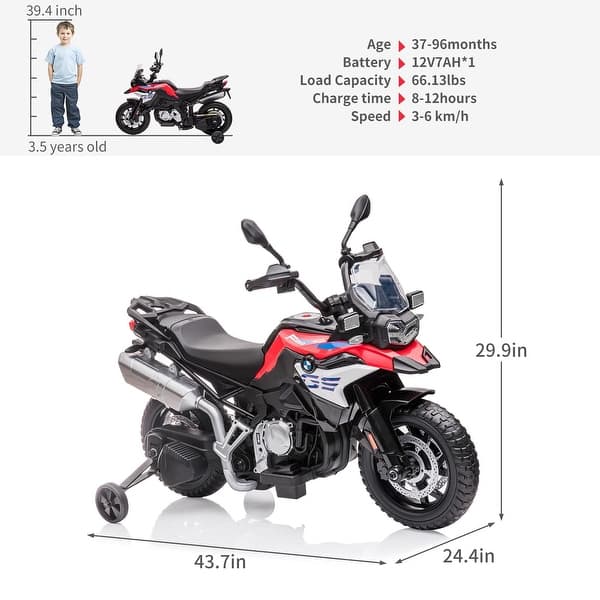 dimension image slide 1 of 3, Kids Motorcycle, 12V 7Ah Licensed BMW Ride On Motorcycle for Toddlers with 2 Speeds