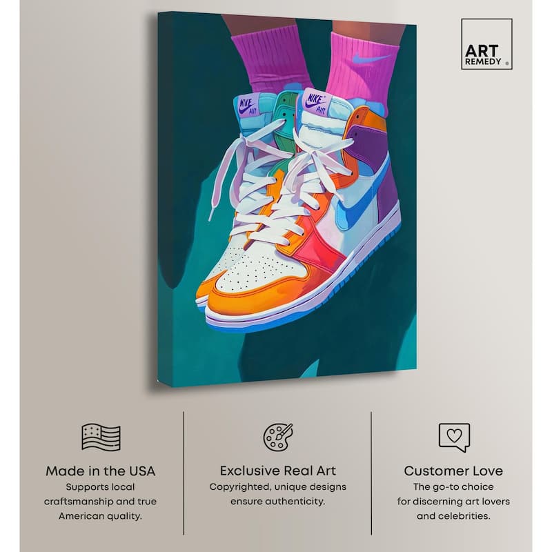 Colorful Sneaker Jump Canvas by Art Remedy, Gallery Wrapped