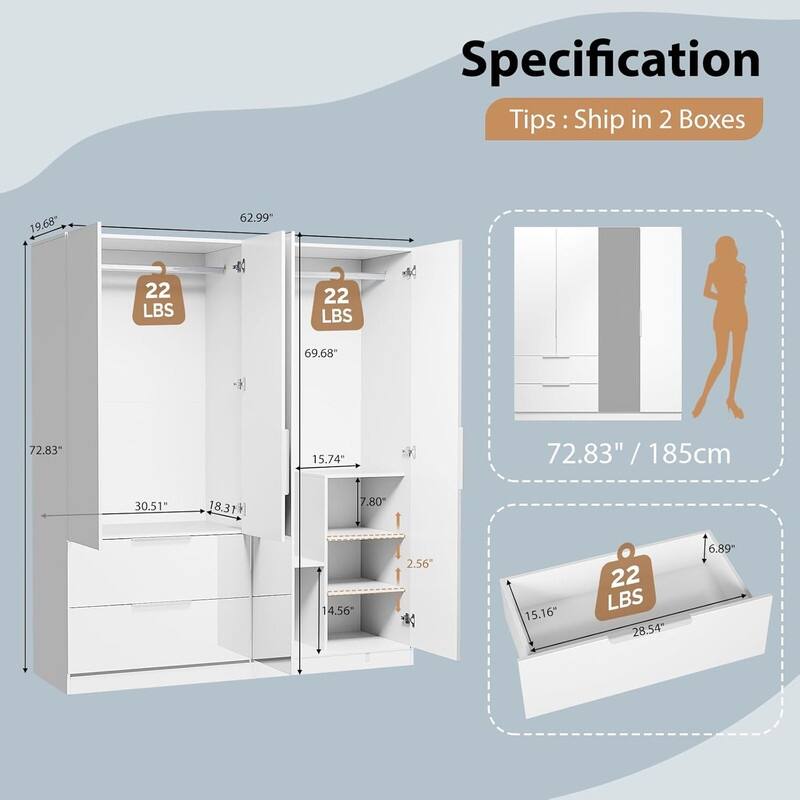 Armoire 4 Doors 2 Drawers with Full-length Mirror Door with High Gloss Paint