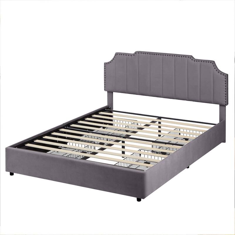 Javlergo Bed Frames with Storage Drawers Upholstered Bed with Tufted Headboard Princess Platform Bed with Wooden Slats Support