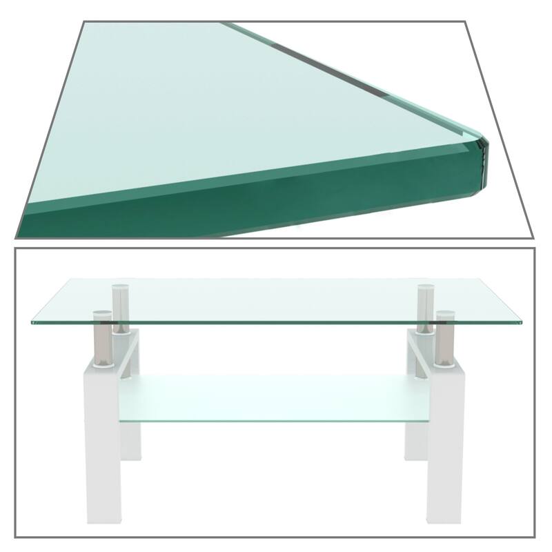 Modern Minimalist Rectangular Coffee Table with Glass Top and Bottom Shelf