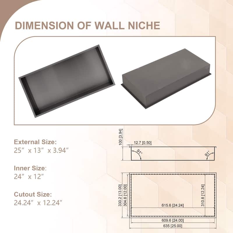 Lordear Brushed Stainless Steel 24'' x 12'' Bath Shower Niche Bathroom Storage