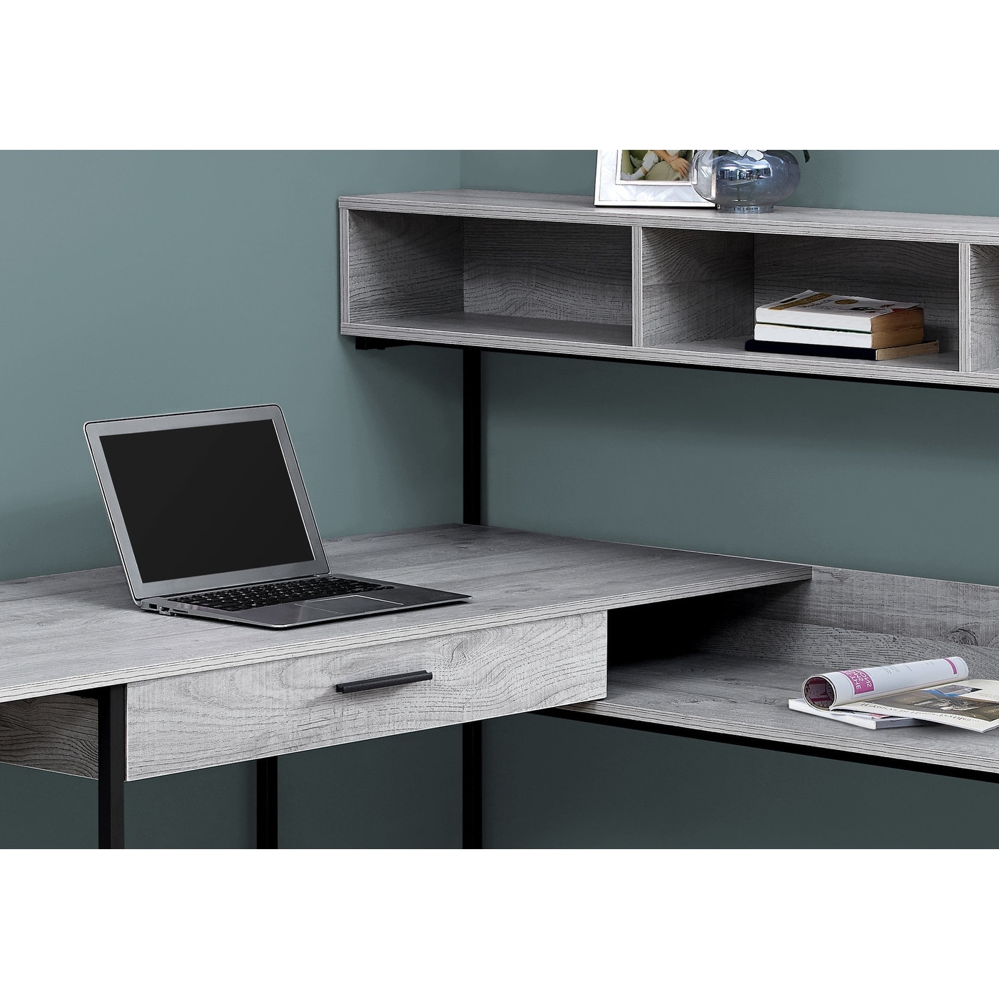 Computer Desk, Home Office, Corner, Storage Drawers, L Shape, Work, Laptop, Grey Laminate, Black Metal, Contemporary